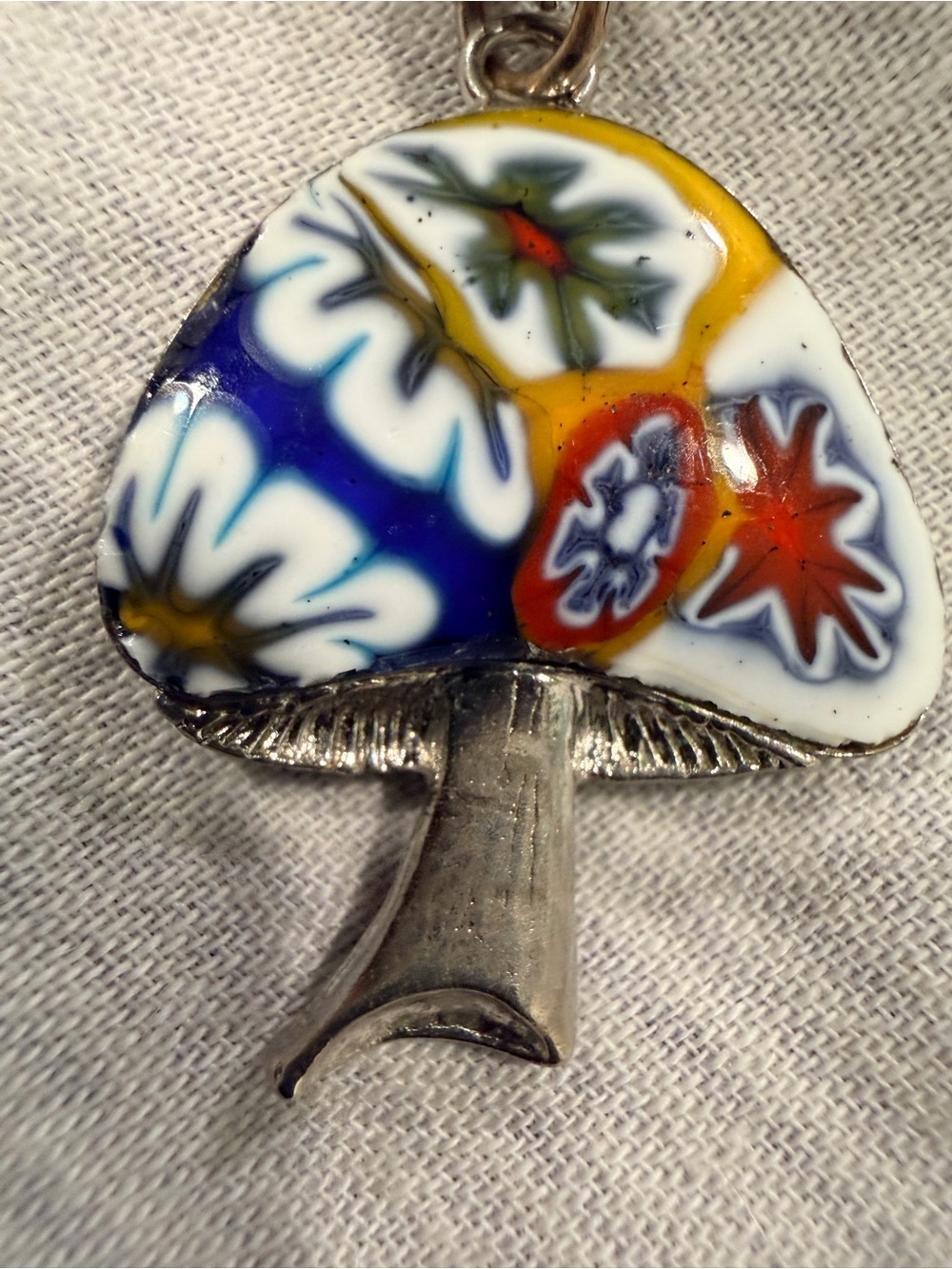 Vintage- 1970s Boho Mushroom Necklace with Italian  Millefiori Venetian  Glass